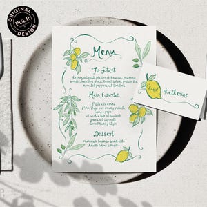 Plantilla de menú y tarjeta de lugar / boda italiana colorida con limón / escrita y dibujada a mano / ilustraciones divertidas y lindas / 0066