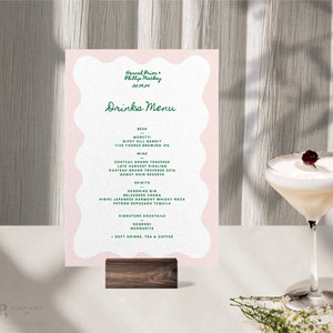 BAR / MENÚ DE BEBIDAS / menú de cócteles personalizado / plantilla de descarga instantánea editable / menú de bebidas de boda / vieira de borde ondulado sólido / 0014