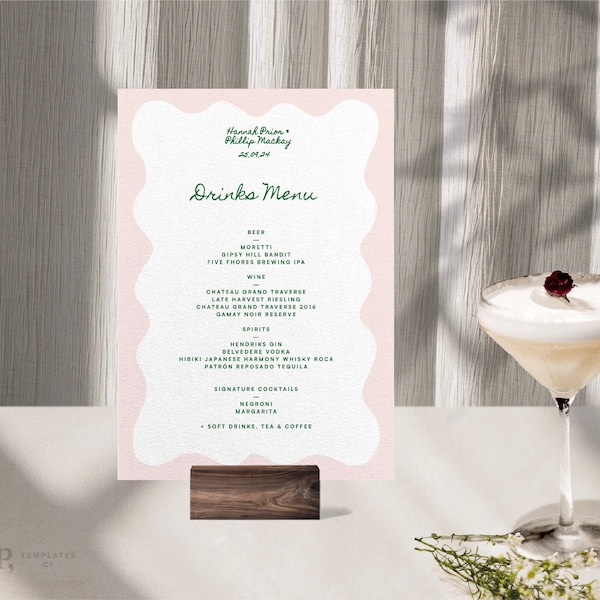 BAR / DRINKS MENU | custom cocktail menu | editable instant download template | wedding drinks menu | solid wavy edge scallop | 0014