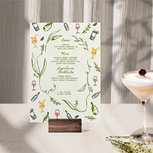 Plantilla de MENÚ BAR + BEBIDAS / Dibujado a mano y garabato escrito a mano ilustrado Menú de boda caprichoso / Digital imprimible colorido de moda / 0036