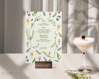 BAR + DRINKS MENU Template | Hand drawn & Handwritten scribble illustrated Whimsical Wedding Menu | Trendy Colorful Printable Digital |036