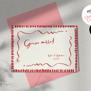 Plantilla de TARJETA DE GRACIAS / extravagantes ilustraciones retro italianas dibujadas a mano y nota de agradecimiento de boda manuscrita / descarga imprimible / 0041