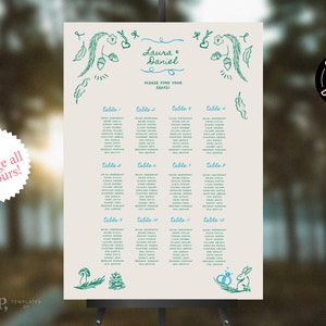 SITZPLAN VORLAGE | Woodland Wald inspiriert bunt, wunderlich, funky, handgezeichnet, illustrierte Sitzplan | handgeschrieben | | 0033