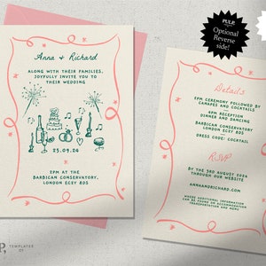 WEDDING INVITATION TEMPLATE | double sided | hand drawn scribble illustrations & handwritten | funky, colorful, fun whimsical trendy | 0030