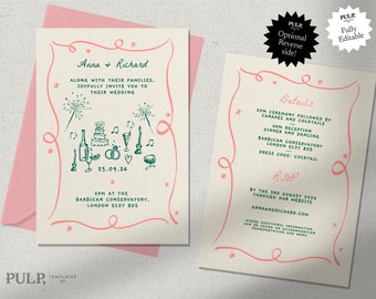 WEDDING INVITATION TEMPLATE | double sided | hand drawn scribble illustrations & handwritten | funky, colorful, fun whimsical trendy | 0030