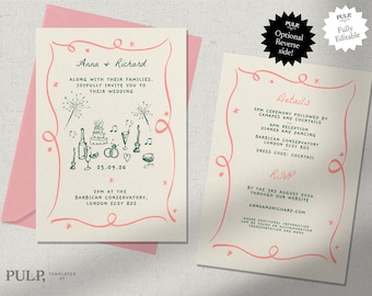 WEDDING INVITATION TEMPLATE | double sided | hand drawn scribble illustrations & handwritten | funky, colorful, fun whimsical trendy | 0030