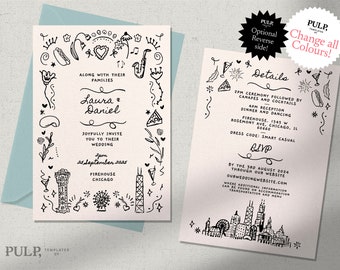 WEDDING INVITATION Template | double sided | chicago inspired invite | colorful hand drawn illustrations | handwritten | 0033