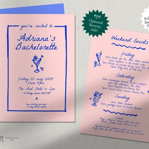 BACHELORETTE PARTY INVITE template | weekend Itinerary | hens | blue and pink handwritten hand drawn illustrations | cool, trendy | 0024