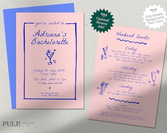 BACHELORETTE PARTY INVITE template | weekend Itinerary | hens | blue and pink handwritten hand drawn illustrations | cool, trendy | 0024