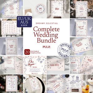 Könnte beinhalten: Eine Sammlung von 20 druckbaren Hochzeitsschablonen mit einem himmlischen Thema mit Sternen und einem Mond. Die Vorlagen sind editierbar und beinhalten ein Menü, einen Sitzplan, eine RSVP-Karte und vieles mehr. Der Text auf dem Bild lautet "Dreamy Celestial Complete Wedding Bundle PULP, Original PULP, Templates Design 20 Editable Templates The Menu Starter Celeste Klein"