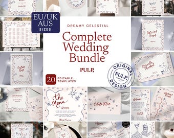 COMPLETE WEDDING BUNDLE templates **A sizes (cm) only** | Hand drawn & Handwritten celestial illustrated Whimsical Signage | Colorful | 0062