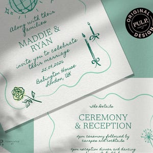 May include: A wedding invitation with a green and white color scheme. The invitation features a disco ball, candles, and a rose. The text on the invitation reads "Along with their families, Maddie & Ryan invite you to celebrate their marriage, 25.09.2026, Babington House, London, UK".