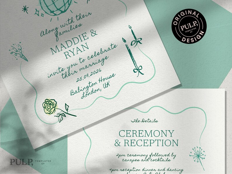 May include: A wedding invitation with a green and white color scheme. The invitation features a disco ball, candles, and a rose. The text on the invitation reads "Along with their families, Maddie & Ryan invite you to celebrate their marriage, 25.09.2026, Babington House, London, UK".