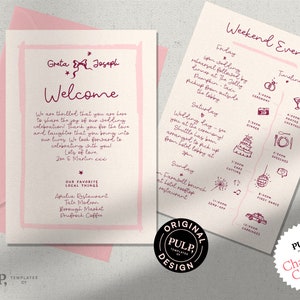 LETTERA DI BENVENUTO PER MATRIMONI + modello di sequenza temporale/itinerario/nota di benvenuto/eventi del fine settimana/scritto a mano, disegnato a mano, stravagante/0038
