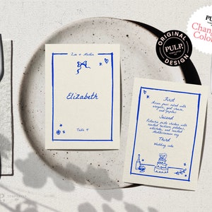 CARTÃO DE NOME DO MENU pequeno modelo frente e verso | casamento extravagante | ilustrações divertidas, coloridas e fofas desenhadas à mão | manuscrito | 0024