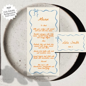 MENÚ + Plantilla TARJETA DE LUGAR / descarga de boda / lazo de cinta de borde de vieira ondulado retro / escrito a mano / dibujado a mano / personalizado / dl 3.75 x 9in /0015