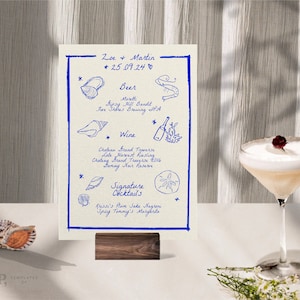 Plantilla de menú de bar para bodas en la playa dibujada a mano / Bebidas de cóctel personalizadas y extravagantes / Ilustración garabateada / 0024