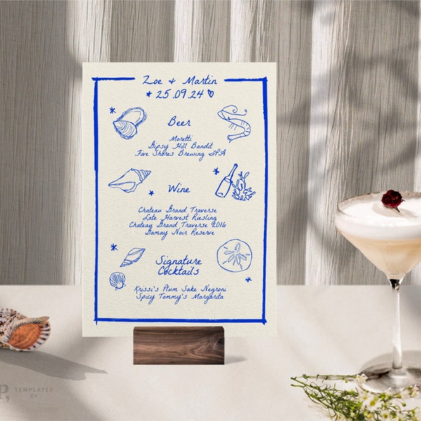 Hand-Drawn Beach Wedding Bar Menu Template | Whimsical Custom Cocktail Drinks | Scribble Illustration | 0024
