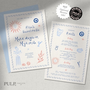 Modello di invito per festa di addio al nubilato / itinerario del fine settimana / addii al nubilato / illustrazione greca, Mykonos, spiaggia / scritto a mano / divertente / 0050