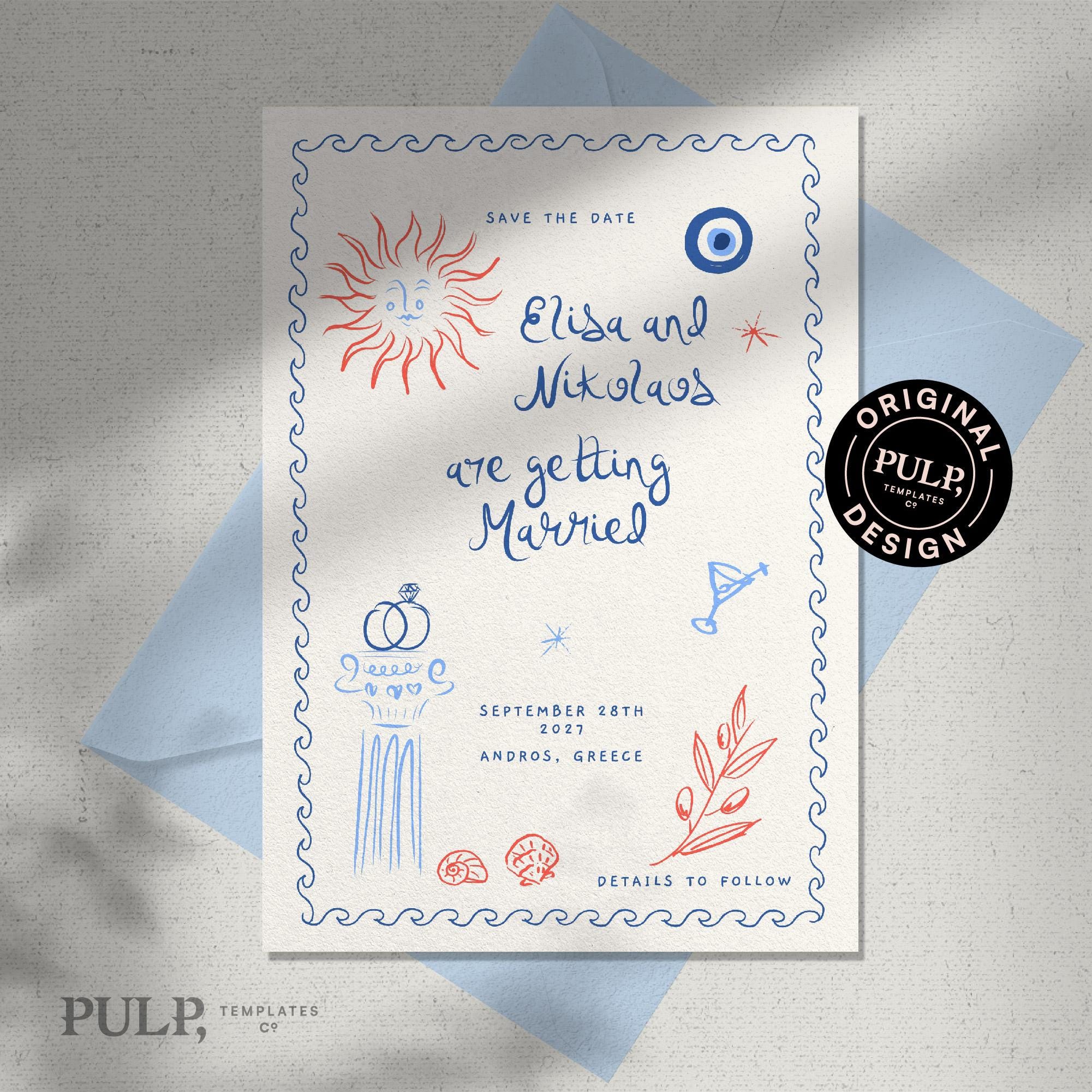 Greece Wedding Save the Date Template: Hand-Drawn Mediterranean Illustration (Digital Download, 5x7 & A5 Sizes)