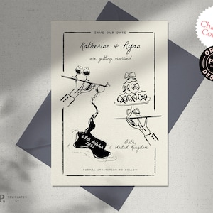 SAVE THE DATE template | whimsical, funky, hand drawn, scribbled party illustrated invite | handwritten invitation | retro vintage | 0035