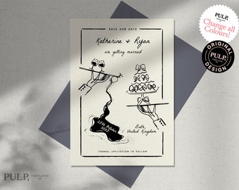 SAVE THE DATE template | whimsical, funky, hand drawn, scribbled party illustrated invite | handwritten invitation | retro vintage | 0035