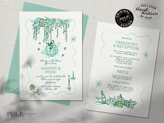 DOUBLE SIDED INVITATION template | hand drawn floral illustrations and handwritten invite | funky, colorful, fun whimsical invitation | 0061