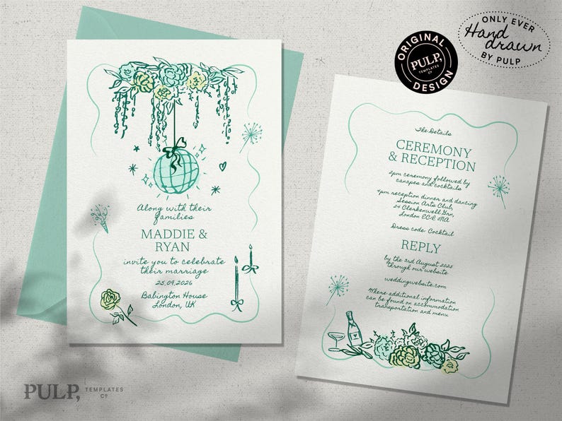 May include: A green and white wedding invitation with a disco ball hanging from a floral garland. The invitation reads "Along with their families, Maddie & Ryan invite you to celebrate their marriage 25.01.2026 Babington House London, UK".