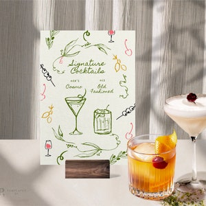 Szablon znaku „SIGNATURE DRINKS” | Niestandardowe koktajle | Rysowane ręcznie i ilustrowane ręcznie bazgroły Fantazyjne menu weselne | Do druku | 0036
