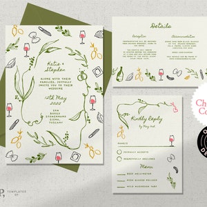 WEDDING INVITATION SET Template | destination wedding | Italian mediterranean invite | hand drawn illustrations | colorful fun rustic | 0036