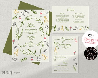 Plantilla de invitación de boda / boda de destino / invitación mediterránea italiana / ilustraciones dibujadas a mano / estilo rústico, divertido y colorido / 0036