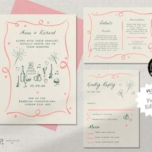 WEDDING INVITATION SET template hand drawn scribble illustrations & handwritten funky, colorful, fun whimsical trendy 0030 image 1