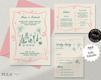 WEDDING INVITATION SET template | hand drawn scribble illustrations & handwritten | funky, colorful, fun whimsical trendy | 0030