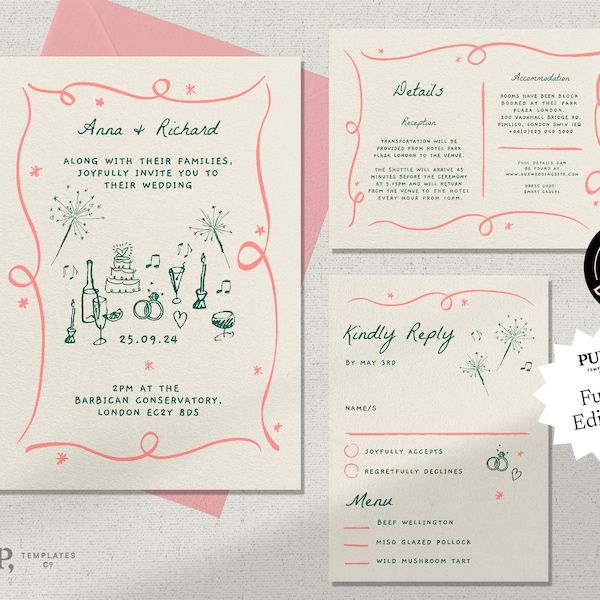 WEDDING INVITATION SET template | hand drawn scribble illustrations & handwritten | funky, colorful, fun whimsical trendy | 0030