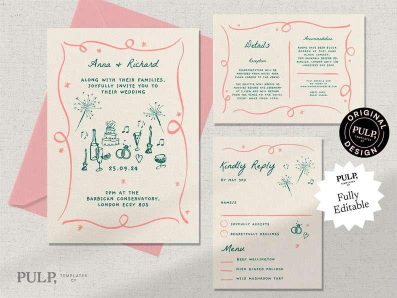 WEDDING INVITATION SET template hand drawn scribble illustrations & handwritten funky, colorful, fun whimsical trendy 0030 image 1