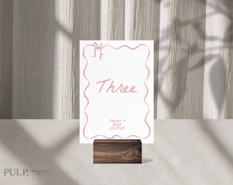 RECEPTION TABLE NUMBER | Handwritten Retro Pink Scallop Wavy Edge Table Numbers, Reception Table Numbers, Wedding Table Number Cards, |0016