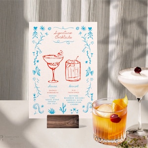 SIGNATURE DRINKS SIGN Template | Custom Cocktail | Hand drawn Mexican inspired illustrations & Handwritten | Whimsical Wedding Menu | 0033