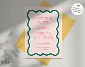 May include: A pink Save the Date card with a green and white scalloped border. The text reads "SAVE THE DATE 25.09.24 JESSICA & STEVEN ARE GETTING MARRIED LONDON, UK FORMAL INVITATION TO FOLLOW". The card is on top of a yellow envelope.