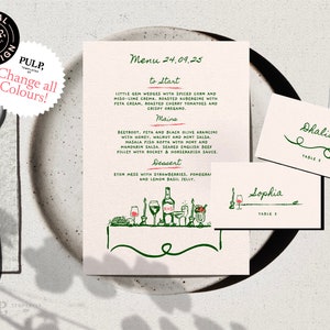 MENU + PLACE CARD template | dinner party invitation | wedding rehearsal | whimsical, funky, hand drawn, handwritten | download | 0035