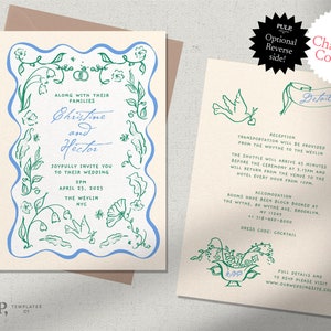 WEDDING INVITATION TEMPLATE | double sided | hand drawn romantic floral illustrations & handwritten | colorful, fun whimsical birds | 0046