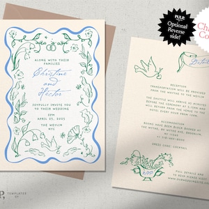 WEDDING INVITATION TEMPLATE | double sided | hand drawn romantic floral illustrations & handwritten | colorful, fun whimsical birds | 0046