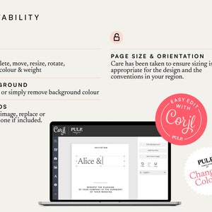 May include: A laptop screen displaying a wedding invitation template with the text "Alice &" in a text box. The template is being edited in the Corjl software. The text "Easy Edit with Corjl" is on a red circle with white text. The text "Change all Colours!" is on a white circle with black text.
