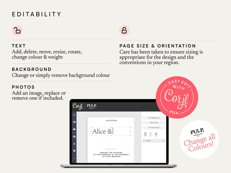 May include: A laptop screen displaying a wedding invitation template with the text "Alice &" in a text box. The template is being edited in the Corjl software. The text "Easy Edit with Corjl" is on a red circle with white text. The text "Change all Colours!" is on a white circle with black text.