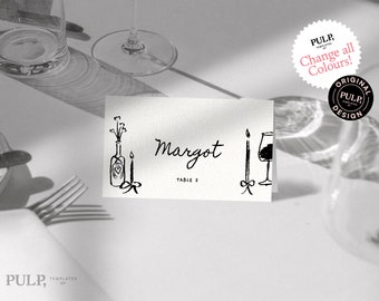 TABLE PLACE CARDS template | hand drawn illustrations | whimsical name place cards | handwritten | quirky, funky | Perspective | 0035