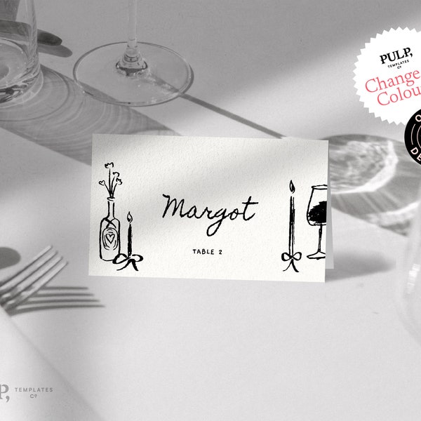 TABLE PLACE CARDS template | hand drawn illustrations | whimsical name place cards | handwritten | quirky, funky | Perspective | 0035