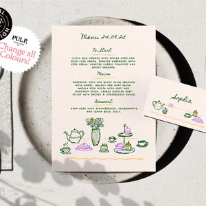 BRAUTDUSCHE MENÜ + Tischkartenschablone | Hochzeit, Babyparty, Nachmittagstee-Party-Menü | wunderliche funky bunte Hand gezeichnet | 0035
