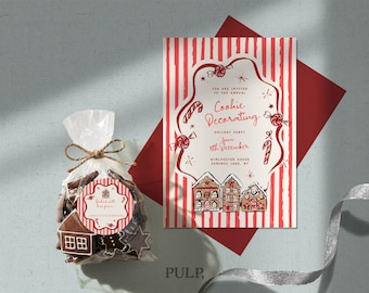Puede incluir: Una bolsa de celofán transparente atada con hilo, llena de galletas de jengibre, junto a una invitación a rayas rojas y blancas para una fiesta navideña de decoración de galletas. La invitación incluye el texto "Cookie Decorating" y "15th December".
