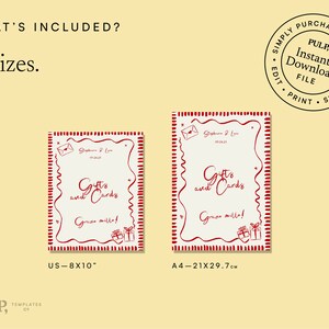 May include: Two printable gift card templates, one in US letter size (8x10 inches) and one in A4 size (21x29.7 cm). Both templates feature a red and white striped border with a handwritten style design that says "Gifts and Cards" and "Grazie mille!" in red.