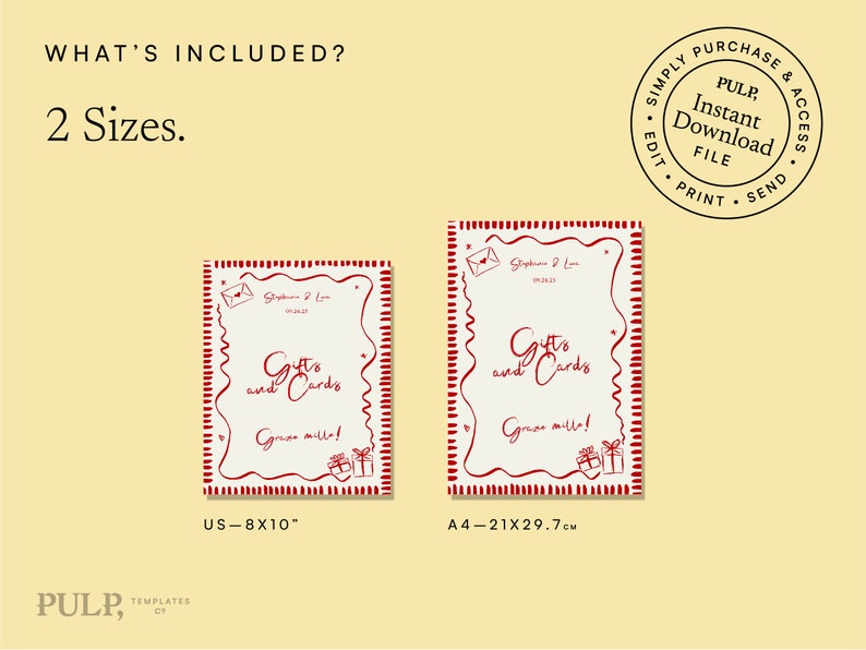 May include: Two printable gift card templates, one in US letter size (8x10 inches) and one in A4 size (21x29.7 cm). Both templates feature a red and white striped border with a handwritten style design that says "Gifts and Cards" and "Grazie mille!" in red.