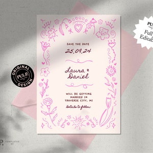 SAVE THE DATE Vorlage | bunte, skurrile, funky, gekritzelte handgeschriebene Einladung | illustriert Hand gezeichnet rosa Rahmen | 0033 Rosa